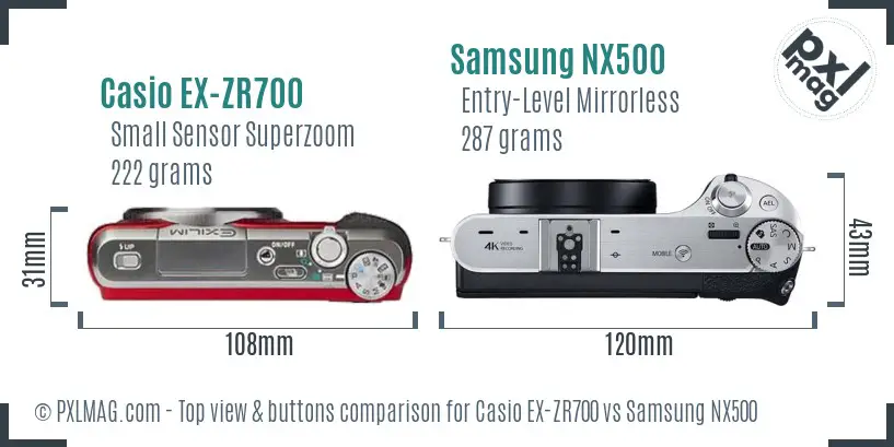 Casio EX-ZR700 vs Samsung NX500 top view buttons comparison