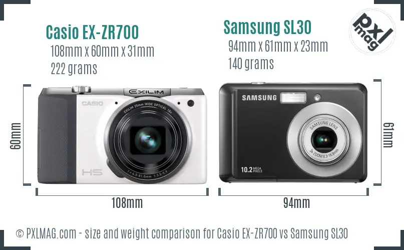 Casio EX-ZR700 vs Samsung SL30 size comparison