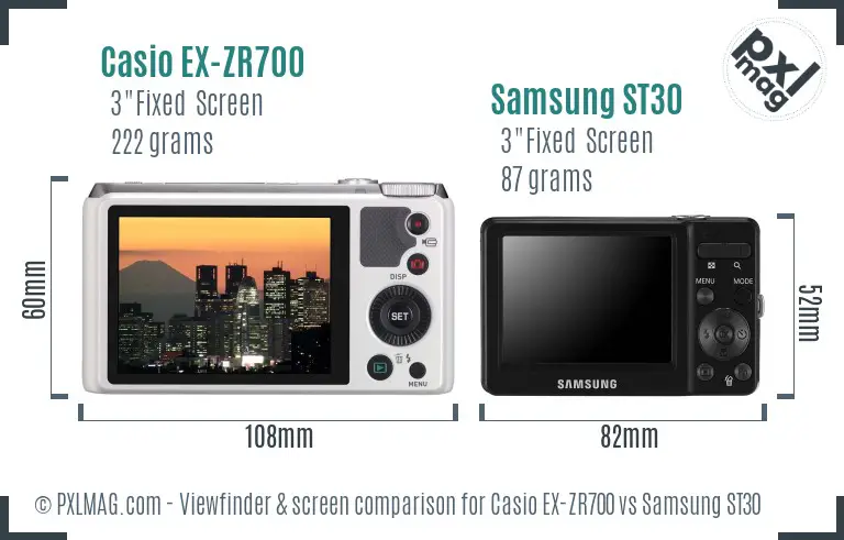 Casio EX-ZR700 vs Samsung ST30 Screen and Viewfinder comparison