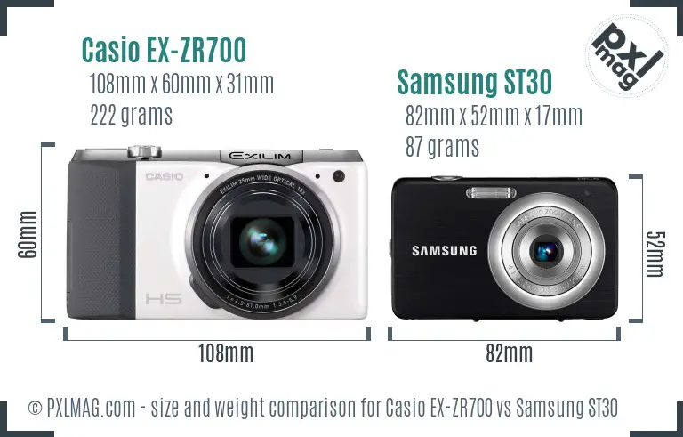 Casio EX-ZR700 vs Samsung ST30 size comparison