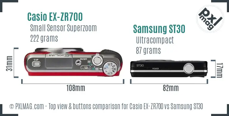 Casio EX-ZR700 vs Samsung ST30 top view buttons comparison