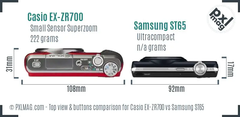 Casio EX-ZR700 vs Samsung ST65 top view buttons comparison Casio EX-ZR700 vs Samsung ST65 top view buttons comparison