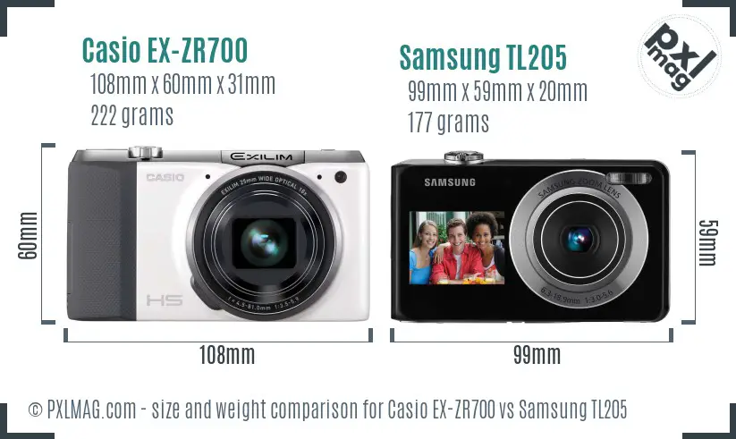 Casio EX-ZR700 vs Samsung TL205 size comparison