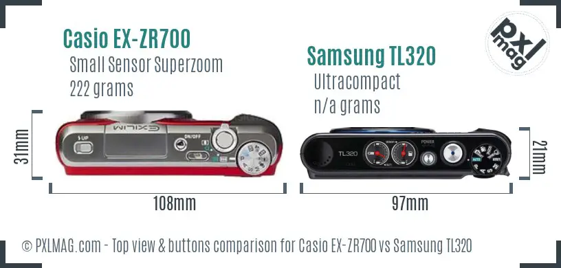 Casio EX-ZR700 vs Samsung TL320 top view buttons comparison Casio EX-ZR700 vs Samsung TL320 top view buttons comparison