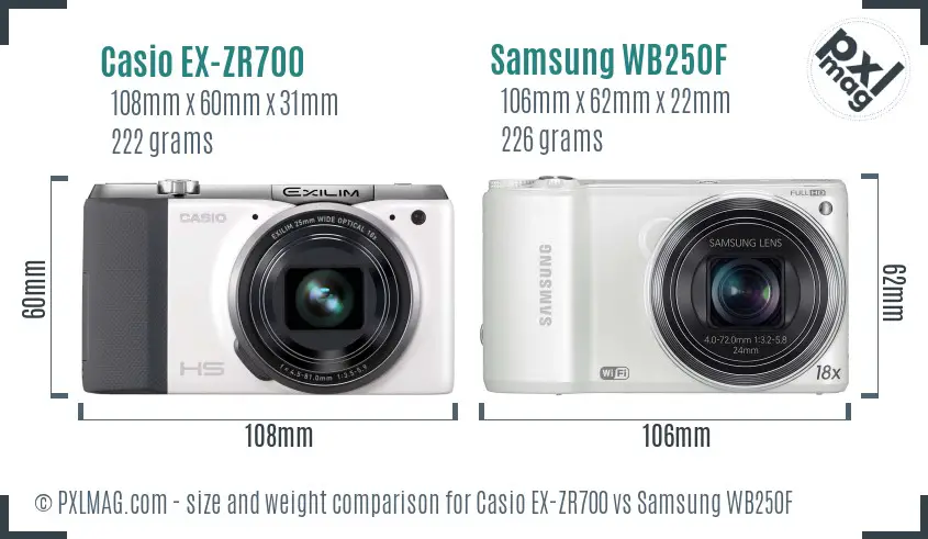 Casio EX-ZR700 vs Samsung WB250F size comparison