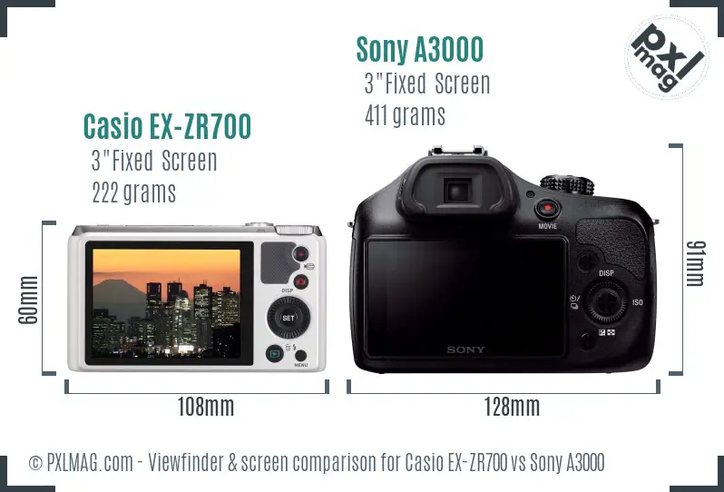 Casio EX-ZR700 vs Sony A3000 Screen and Viewfinder comparison