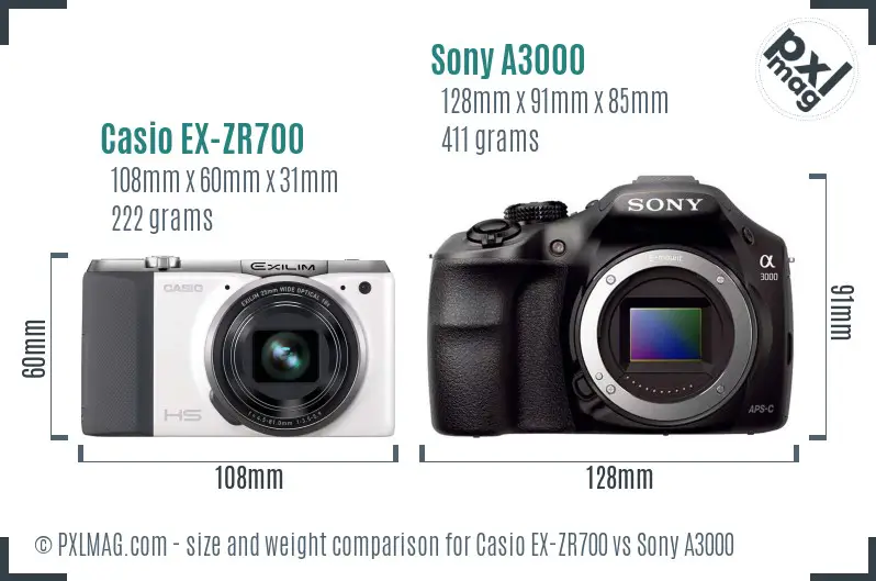 Casio EX-ZR700 vs Sony A3000 size comparison