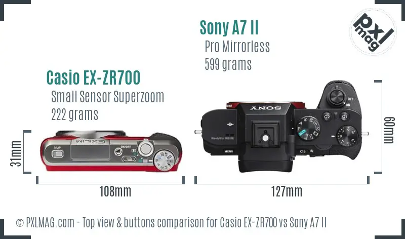 Casio EX-ZR700 vs Sony A7 II top view buttons comparison