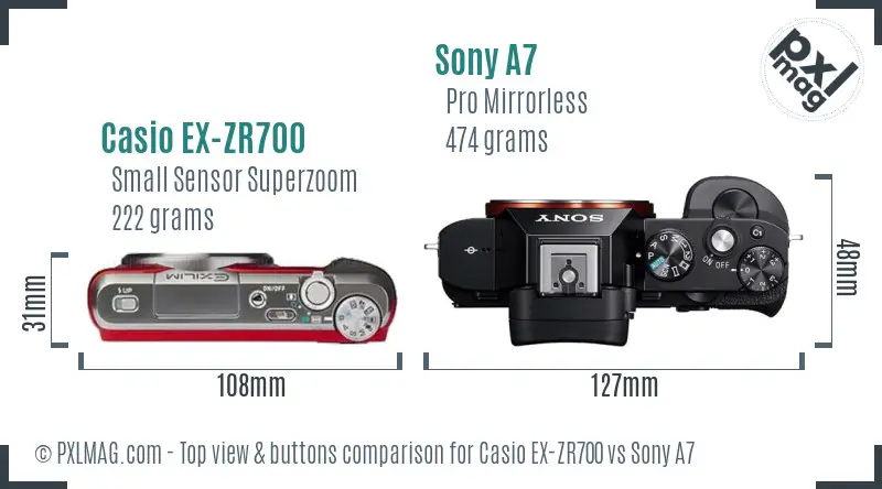 Casio EX-ZR700 vs Sony A7 top view buttons comparison Casio EX-ZR700 vs Sony A7 top view buttons comparison