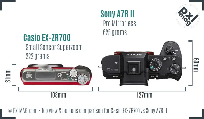 Casio EX-ZR700 vs Sony A7R II top view buttons comparison
