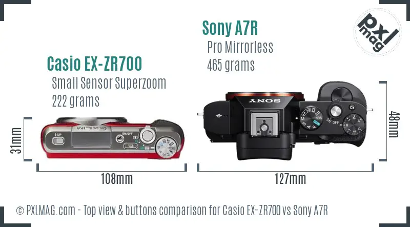 Casio EX-ZR700 vs Sony A7R top view buttons comparison