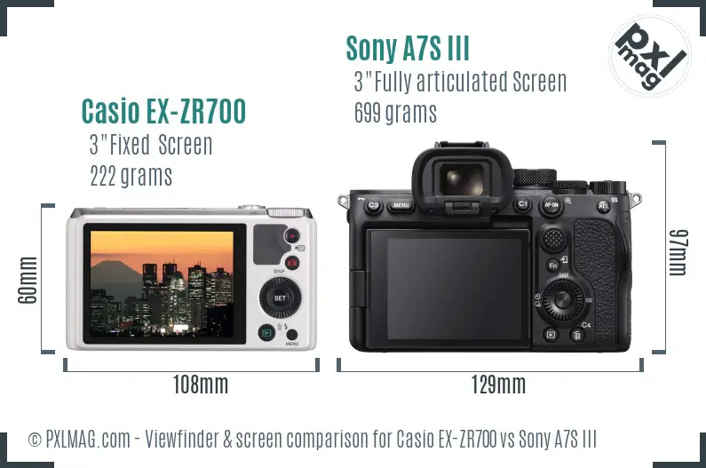 Casio EX-ZR700 vs Sony A7S III Screen and Viewfinder comparison