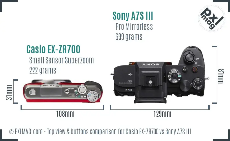 Casio EX-ZR700 vs Sony A7S III top view buttons comparison