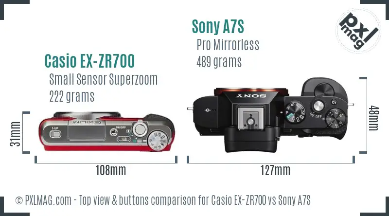 Casio EX-ZR700 vs Sony A7S top view buttons comparison