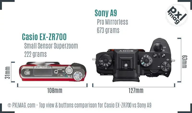 Casio EX-ZR700 vs Sony A9 top view buttons comparison