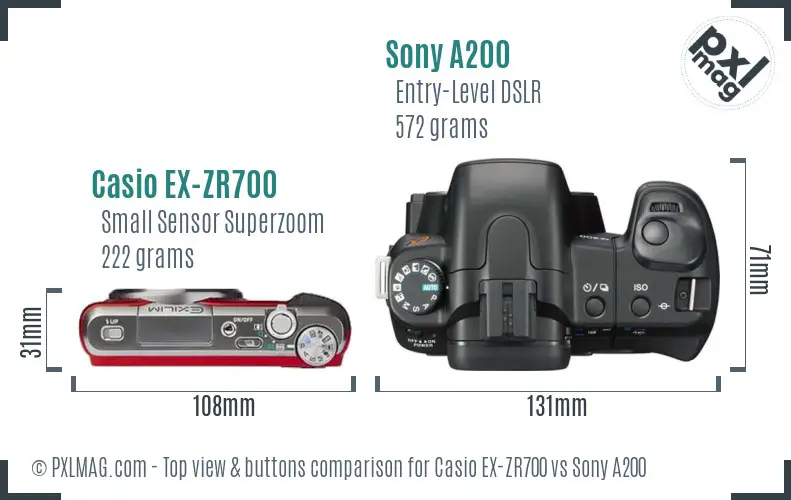 Casio EX-ZR700 vs Sony A200 top view buttons comparison Casio EX-ZR700 vs Sony A200 top view buttons comparison