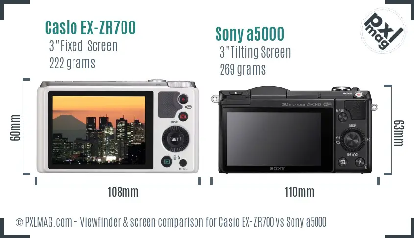 Casio EX-ZR700 vs Sony a5000 Screen and Viewfinder comparison