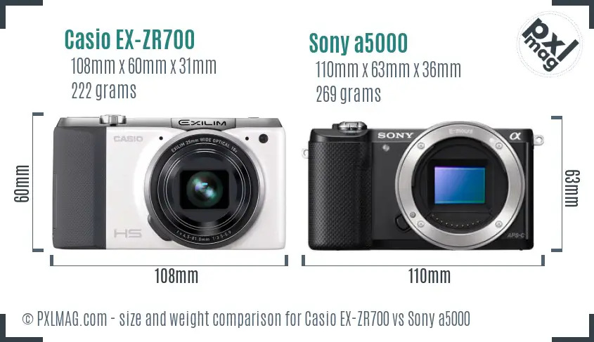 Casio EX-ZR700 vs Sony a5000 size comparison