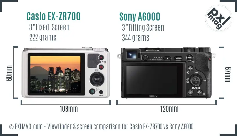Casio EX-ZR700 vs Sony A6000 Screen and Viewfinder comparison