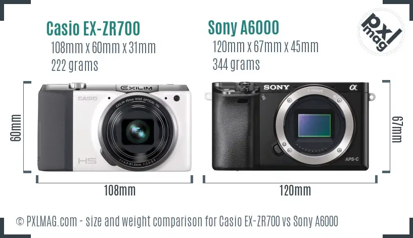 Casio EX-ZR700 vs Sony A6000 size comparison