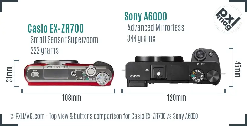 Casio EX-ZR700 vs Sony A6000 top view buttons comparison