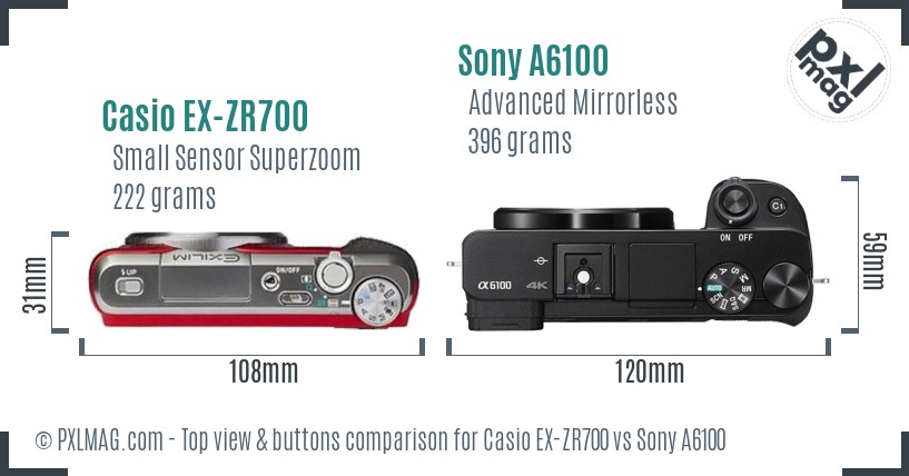 Casio EX-ZR700 vs Sony A6100 top view buttons comparison