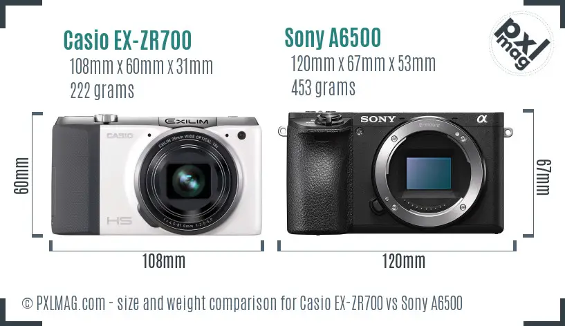 Casio EX-ZR700 vs Sony A6500 size comparison