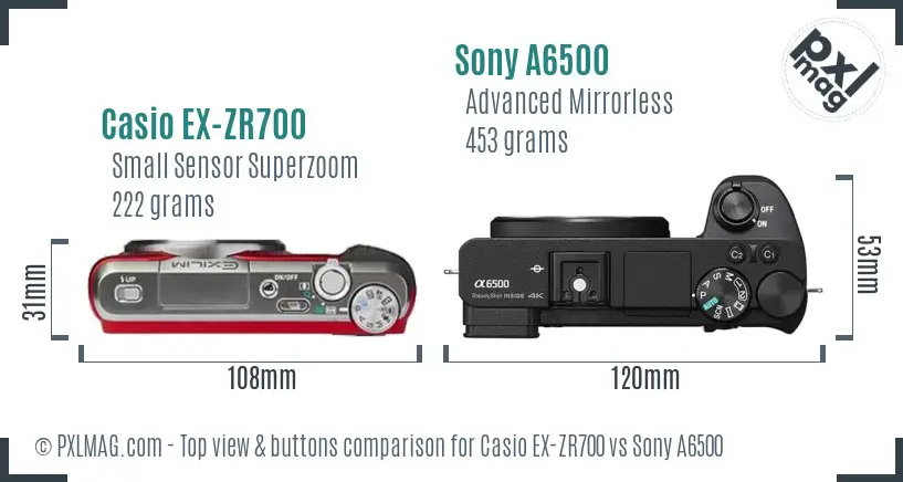 Casio EX-ZR700 vs Sony A6500 top view buttons comparison