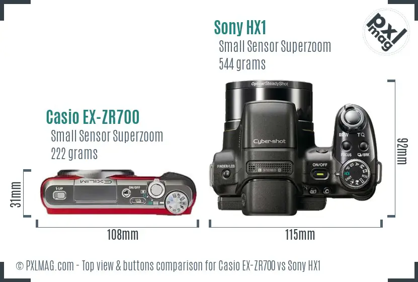 Casio EX-ZR700 vs Sony HX1 top view buttons comparison Casio EX-ZR700 vs Sony HX1 top view buttons comparison