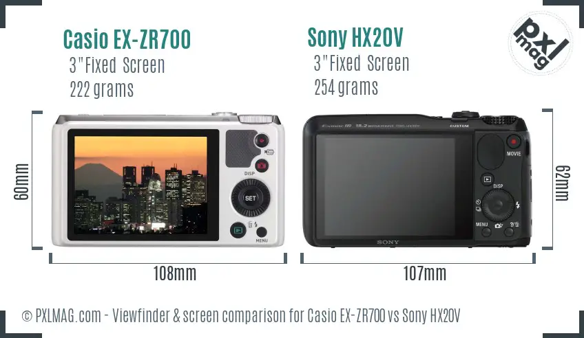 Casio EX-ZR700 vs Sony HX20V Screen and Viewfinder comparison