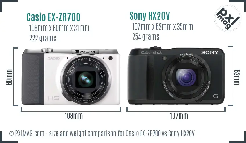 Casio EX-ZR700 vs Sony HX20V size comparison