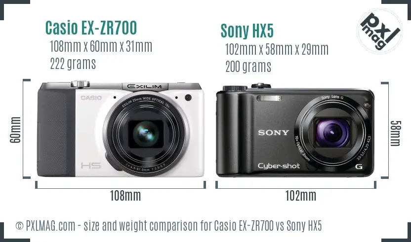 Casio EX-ZR700 vs Sony HX5 size comparison