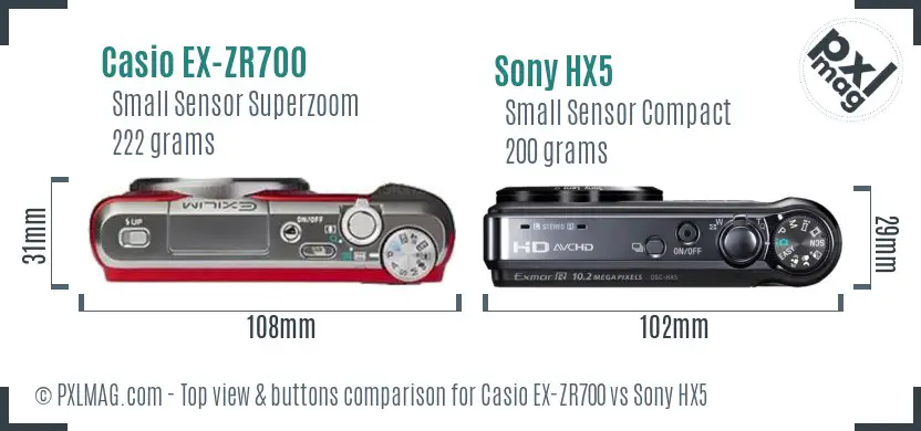 Casio EX-ZR700 vs Sony HX5 top view buttons comparison