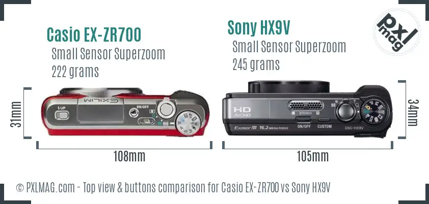Casio EX-ZR700 vs Sony HX9V top view buttons comparison Casio EX-ZR700 vs Sony HX9V top view buttons comparison