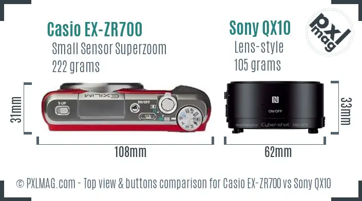 Casio EX-ZR700 vs Sony QX10 top view buttons comparison