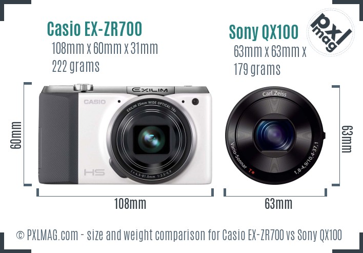 Casio EX-ZR700 vs Sony QX100 size comparison