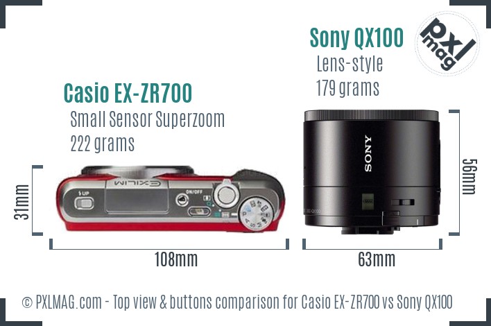 Casio EX-ZR700 vs Sony QX100 top view buttons comparison