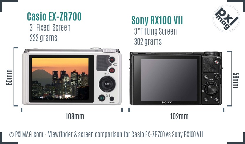 Casio EX-ZR700 vs Sony RX100 VII Screen and Viewfinder comparison
