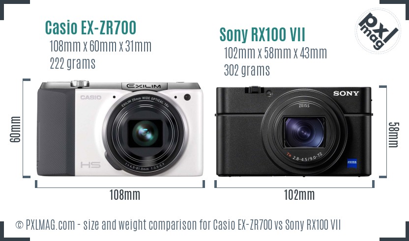 Casio EX-ZR700 vs Sony RX100 VII size comparison
