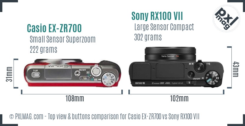 Casio EX-ZR700 vs Sony RX100 VII top view buttons comparison