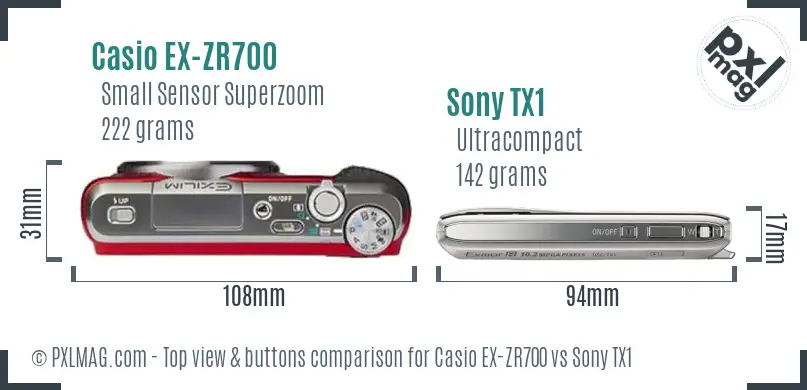 Casio EX-ZR700 vs Sony TX1 top view buttons comparison Casio EX-ZR700 vs Sony TX1 top view buttons comparison
