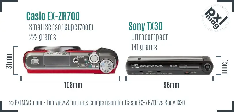 Casio EX-ZR700 vs Sony TX30 top view buttons comparison