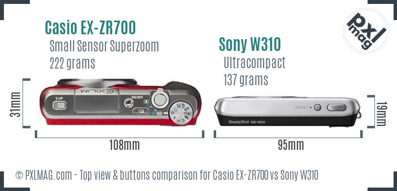 Casio EX-ZR700 vs Sony W310 top view buttons comparison