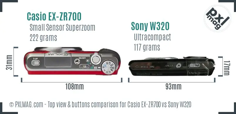 Casio EX-ZR700 vs Sony W320 top view buttons comparison Casio EX-ZR700 vs Sony W320 top view buttons comparison