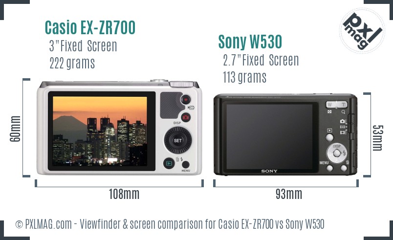 Casio EX-ZR700 vs Sony W530 Screen and Viewfinder comparison