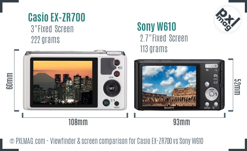 Casio EX-ZR700 vs Sony W610 Screen and Viewfinder comparison