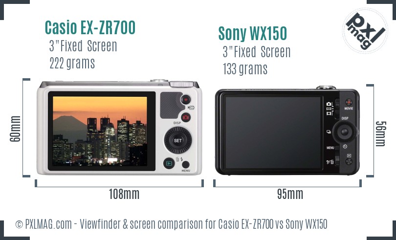 Casio EX-ZR700 vs Sony WX150 Screen and Viewfinder comparison