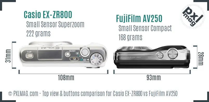 Casio EX-ZR800 vs FujiFilm AV250 top view buttons comparison