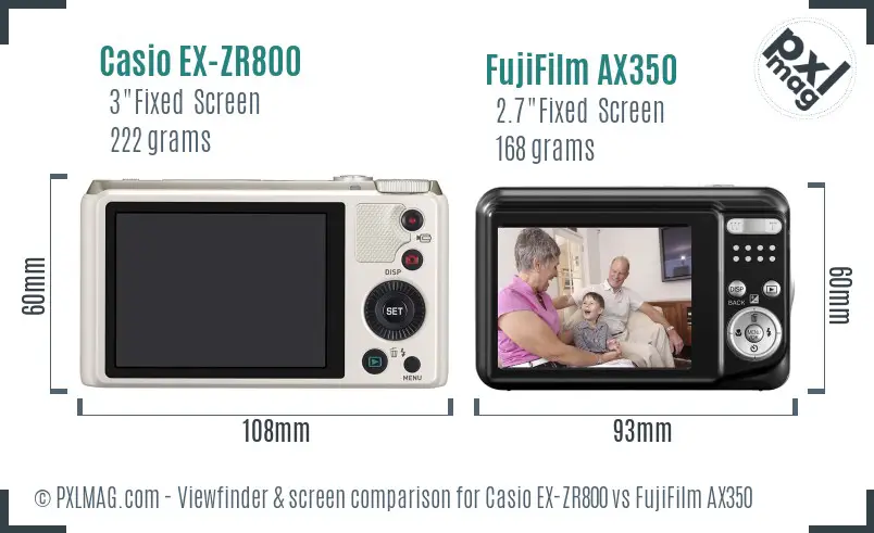 Casio EX-ZR800 vs FujiFilm AX350 Screen and Viewfinder comparison