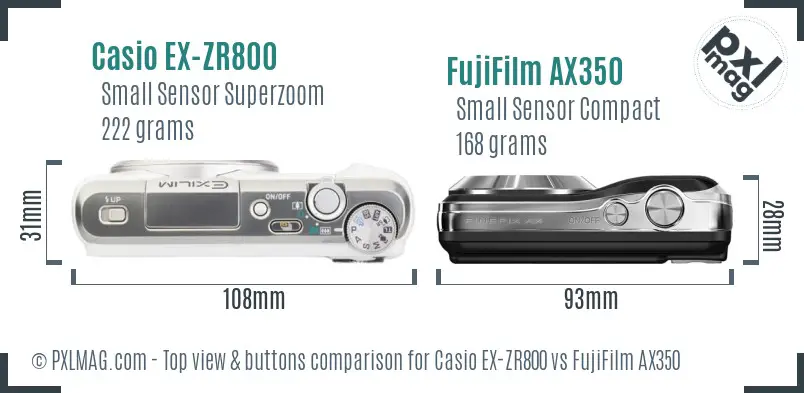 Casio EX-ZR800 vs FujiFilm AX350 top view buttons comparison